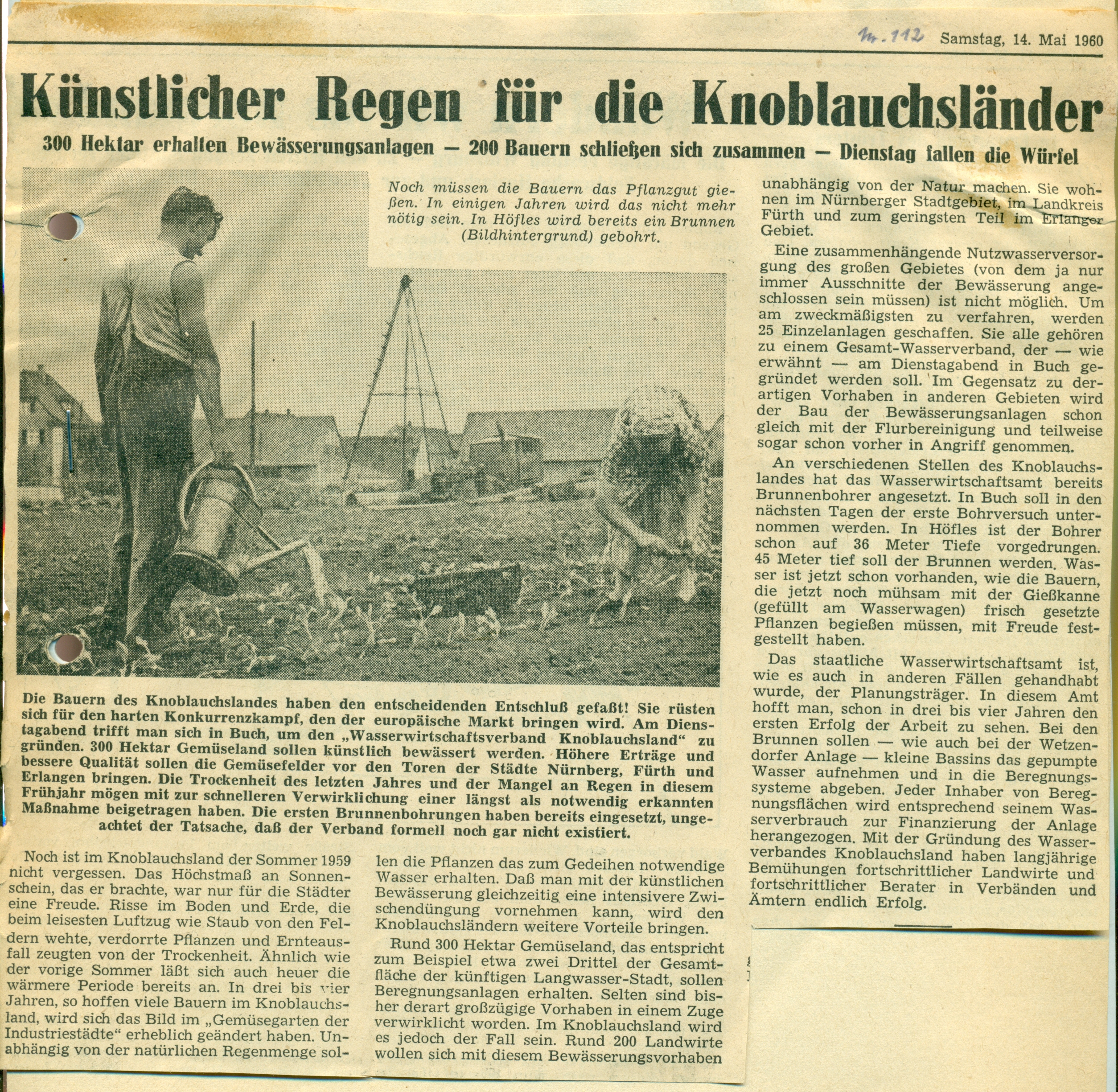 Zeitungsartikel vom 14. Mai 1960: Künstlicher Regen für die Knoblauchsländer