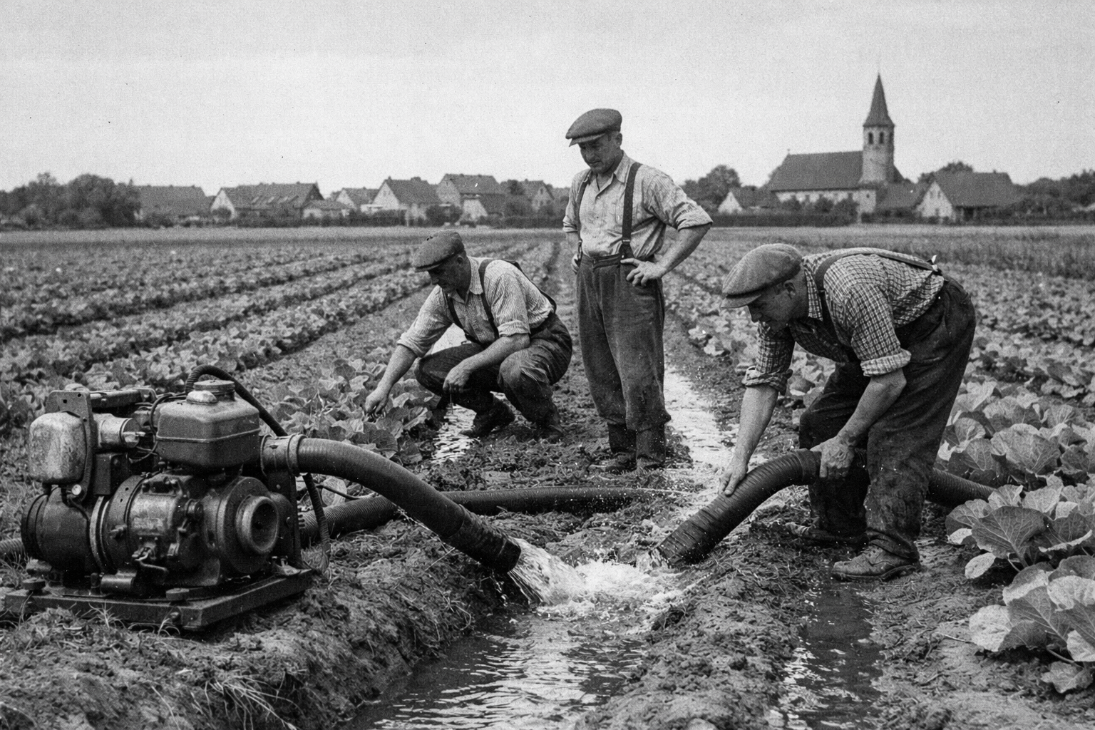 Bewässerung von Gemüsefeldern im Knoblauchsland in den 1950er Jahren mit motorbetriebener Pumpe und Furchenbewässerung